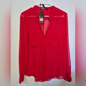 BCBGMAXAZRIA Anderson Sheer Women's Blouse Silk Button Flap Pockets Size M NWT